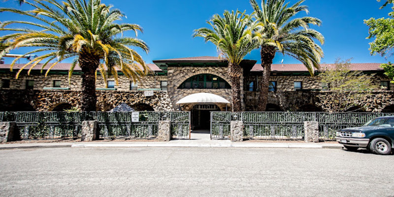 A grand stone building surrounded by tall palm trees under a clear blue sky, with a gated entrance that creates a warm, inviting atmosphere.