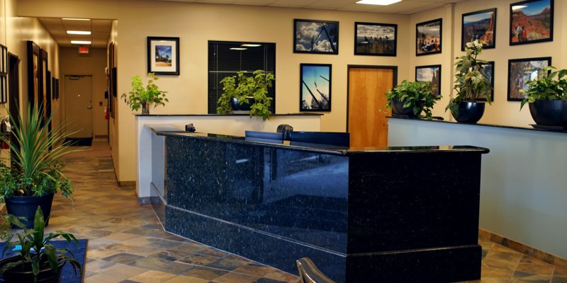 A welcoming reception area with a sleek black counter, vibrant greenery, and calming decor, creating a professional yet inviting atmosphere.