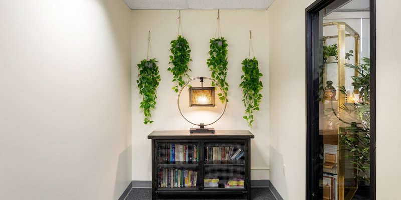 A serene corner with hanging plants, a stylish lamp on a small bookshelf, and soft lighting, creating a peaceful and inviting atmosphere.