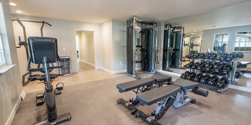  A modern fitness room with state-of-the-art equipment, including a range of free weights, benches, and a multi-functional exercise machine.