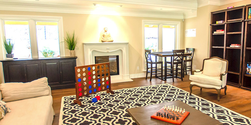 A bright, inviting living room with a patterned rug, cozy seating, board games, and a fireplace, perfect for relaxation and social gatherings.