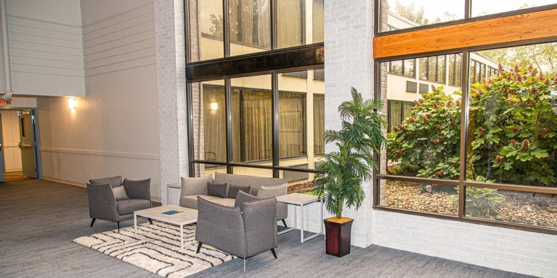 A cozy sitting area with modern grey chairs and a rug, set by large windows overlooking vibrant greenery for a serene and inviting ambiance.