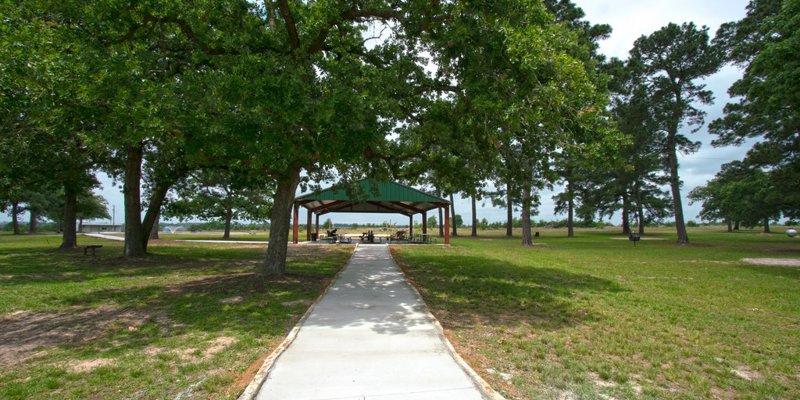 A peaceful tree-lined pathway leads to a shaded pavilion, offering a relaxing spot for outdoor gatherings in a spacious green park.