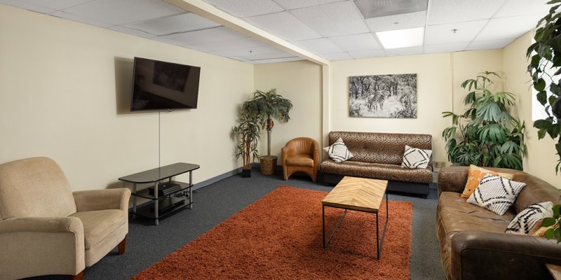 A cozy lounge with a mix of seating, including a leather couch and patterned sofas. A warm orange rug and greenery create a relaxing atmosphere.