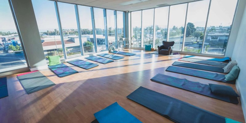 A bright, open yoga studio with large windows offering scenic views. Yoga mats are neatly laid out on a wooden floor, creating a peaceful and inviting space for relaxation.