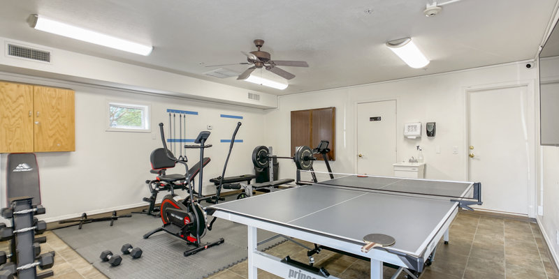 Well-equipped recreational room featuring exercise equipment, a ping-pong table, and a relaxing atmosphere for fitness and fun activities.