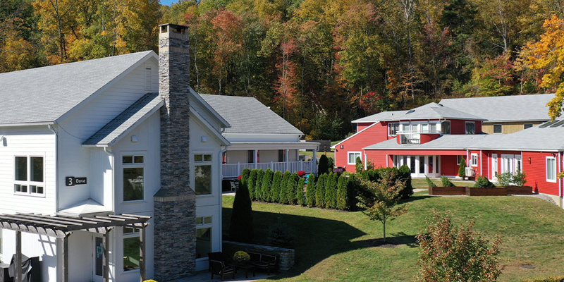 A beautiful scenic view of a serene, well-maintained residential complex with modern houses, lush green lawns, and vibrant autumn trees in the background.