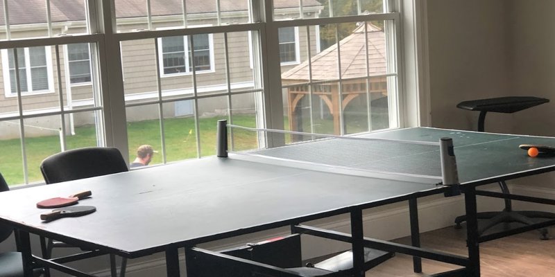 A sunlit game room featuring a ping pong table near large windows, offering a relaxing view of the peaceful outdoor space.