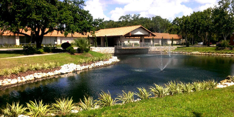 A serene pond with a fountain, surrounded by lush greenery, leading to a charming building with a tile roof and a peaceful, welcoming ambiance.