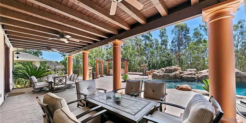 Inviting covered patio with ceiling fans and comfortable seating, overlooking a lush garden and serene pool, perfect for outdoor relaxation.