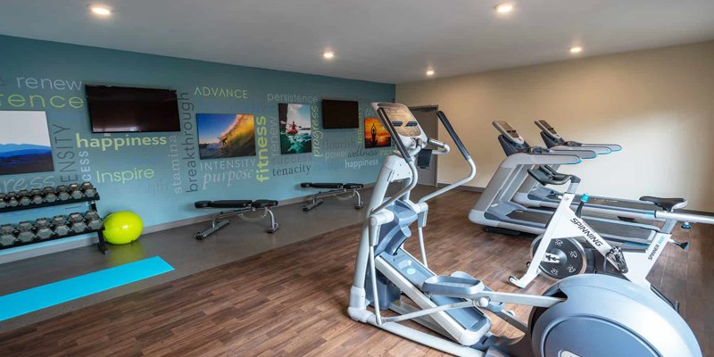 A modern fitness room featuring treadmills, stationary bikes, weights, and motivational wall art, providing a positive and active environment.